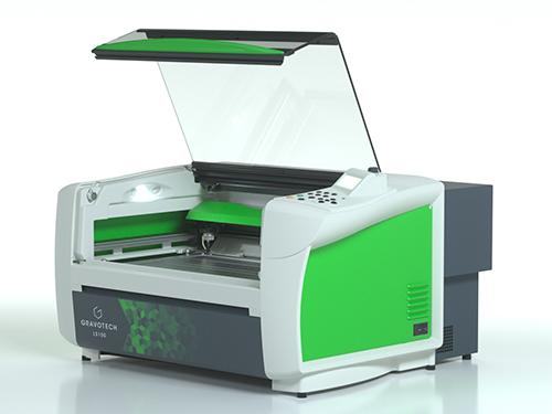 Máquina de corte e gravação a laser Gravotech LS100 com área de trabalho aberta
